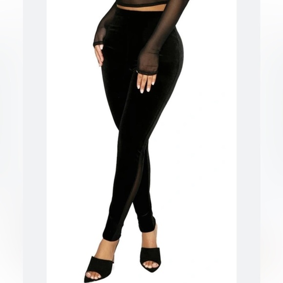 New Velvet & Mesh Leggings In Black Size M - Picture 2 of 13